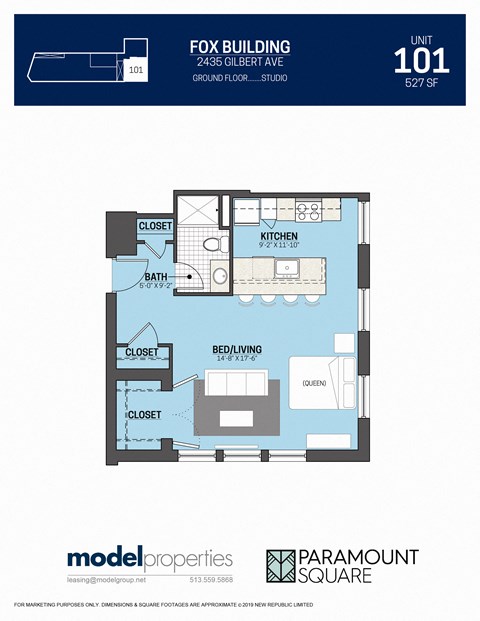 Floor plan for studio, 1 bath, 527 sqft